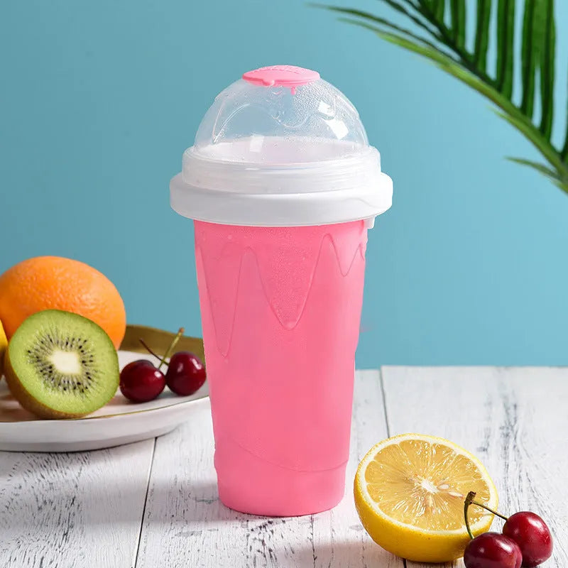 Smoothie cup in mint green or light pink with lid, straw spoon, and 201-300ml capacity for quick slush making