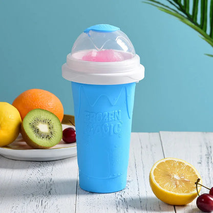 Smoothie cup in mint green or light pink with lid, straw spoon, and 201-300ml capacity for quick slush making