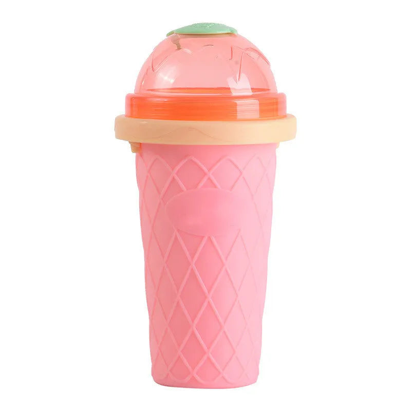 Smoothie cup in mint green or light pink with lid, straw spoon, and 201-300ml capacity for quick slush making