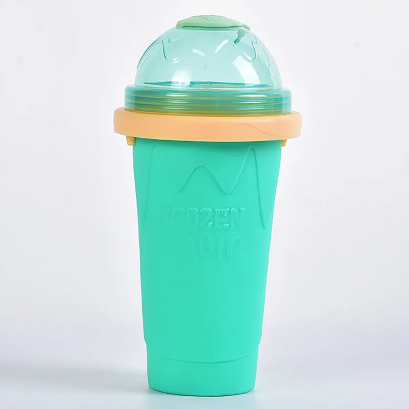 Smoothie cup in mint green or light pink with lid, straw spoon, and 201-300ml capacity for quick slush making
