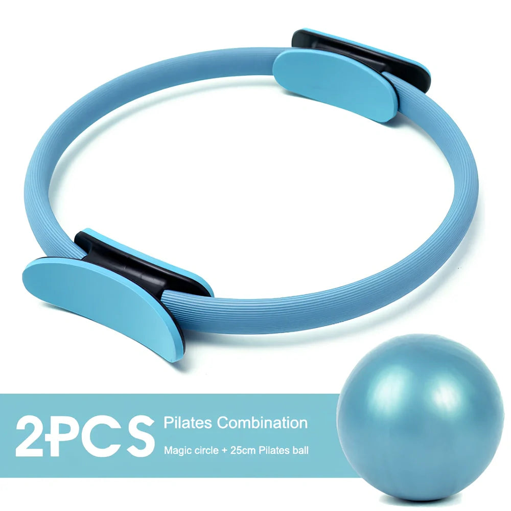 5-piece yoga pilates set in black with 38cm resistance circle, 25cm PVC ball, 183cm cotton belt, 150cm latex strap, and 24cm small ring for muscle toning