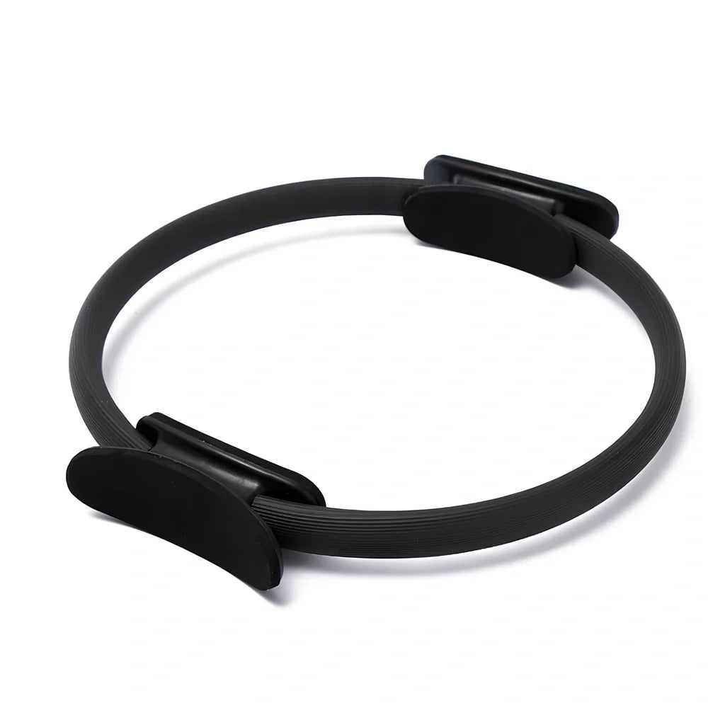 5-piece yoga pilates set in black with 38cm resistance circle, 25cm PVC ball, 183cm cotton belt, 150cm latex strap, and 24cm small ring for muscle toning