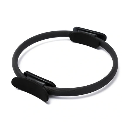 5-piece yoga pilates set in black with 38cm resistance circle, 25cm PVC ball, 183cm cotton belt, 150cm latex strap, and 24cm small ring for muscle toning
