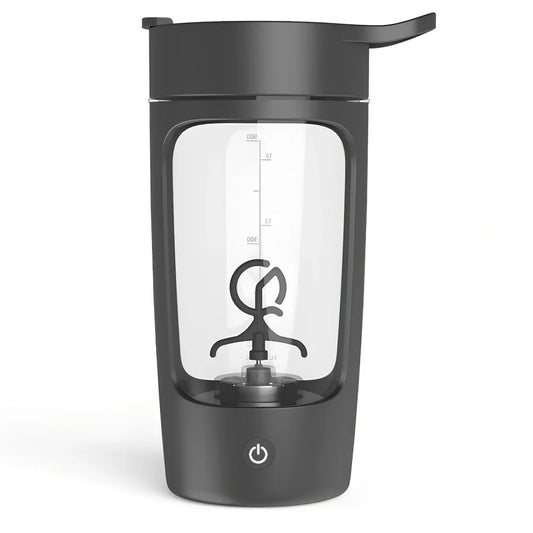 650ml black electric protein shake cup with scale lid and USB charging port for fitness use