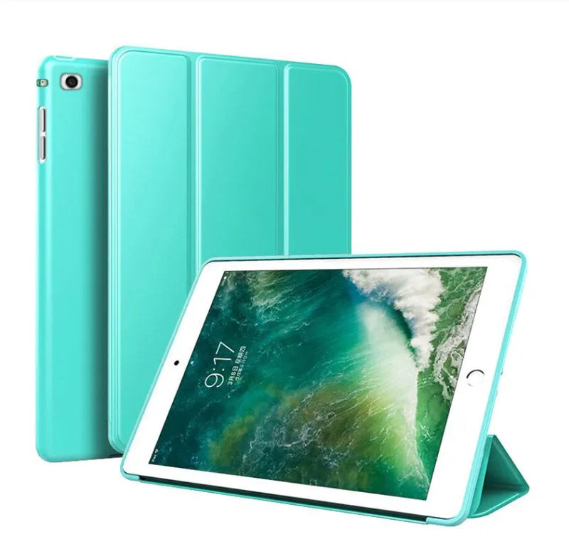 Black clamshell case for iPad Air 2 with built-in silicone stand folded out, showing tablet propped up.