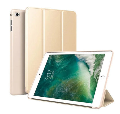 Black clamshell case for iPad Air 2 with built-in silicone stand folded out, showing tablet propped up.