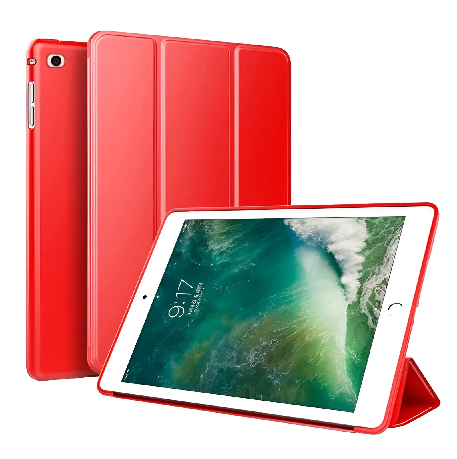 Black TPU clamshell stand case for iPad Air 2, showing front screen cover and integrated stand prop on a table