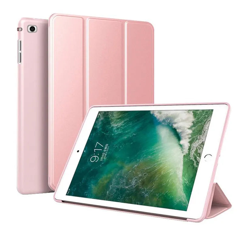 Black clamshell case for iPad Air 2 with built-in silicone stand folded out, showing tablet propped up.