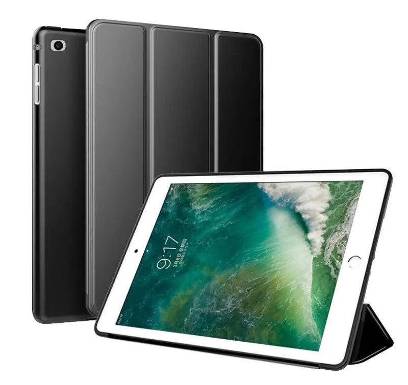 Black TPU clamshell stand case for iPad Air 2, showing front screen cover and integrated stand prop on a table