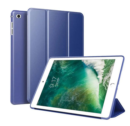 Black clamshell case for iPad Air 2 with built-in silicone stand folded out, showing tablet propped up.