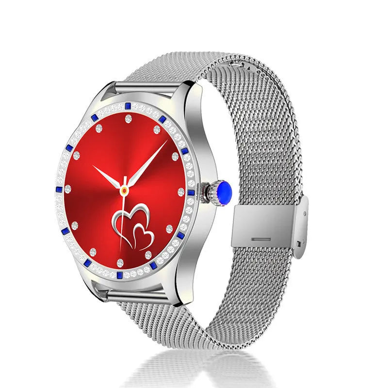 Gold and silver ladies smart watch with 1.28-inch screen showing health stats and call function.