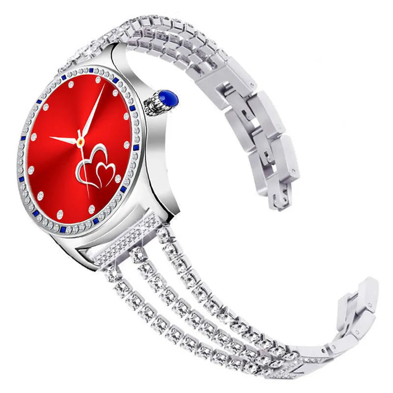 Gold and silver ladies smart watch with 1.28-inch screen showing health stats and call function.