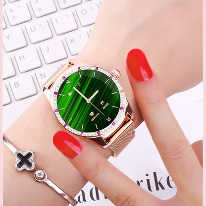 Gold and silver ladies smart watch with 1.28-inch screen showing health stats and call function.