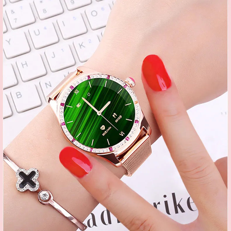 Ladies Smart Watch with Bluetooth Call Function, Health Monitoring, Menstrual Period Reminder, 1.28 Inch TPU Touch Screen, 20+ Languages, Compatible with Android iOS Phones, Available in Gold or Silver