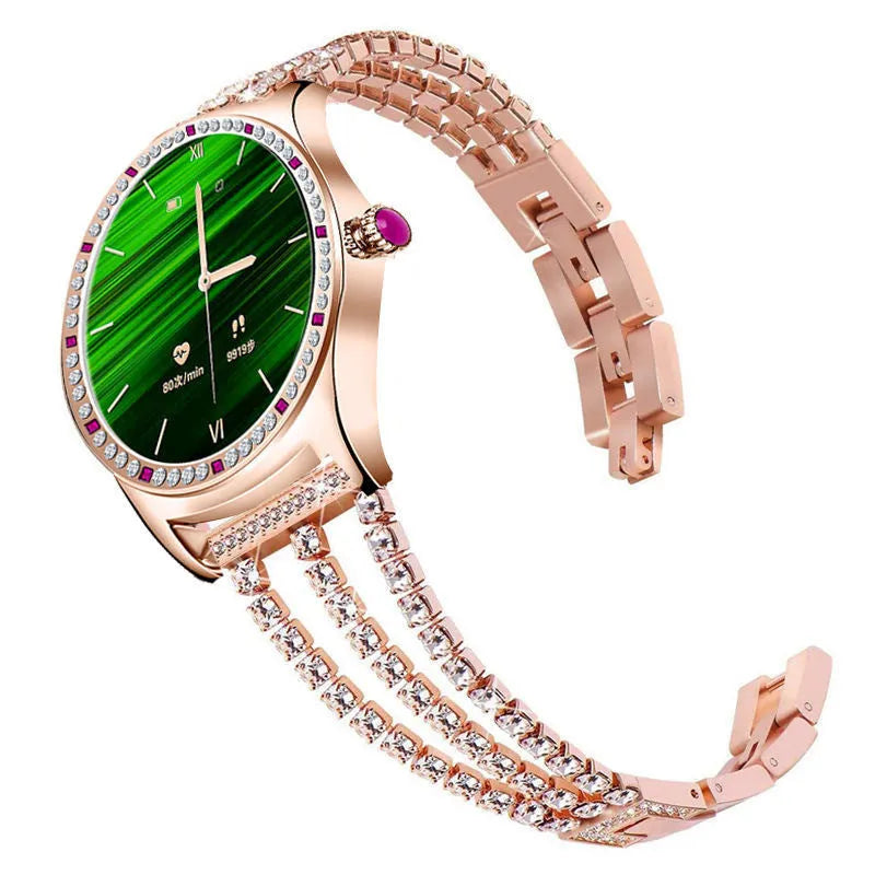 Gold and silver ladies smart watch with 1.28-inch screen showing health stats and call function.