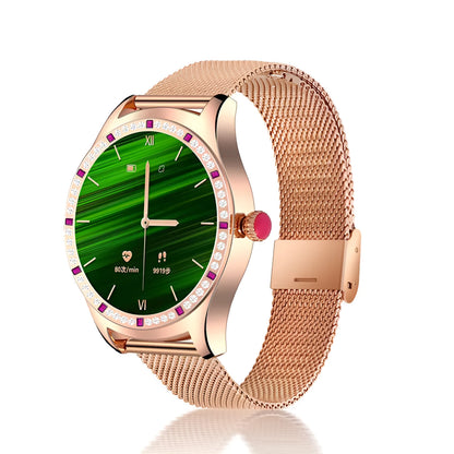 Gold and silver ladies smart watch with 1.28-inch screen showing health stats and call function.