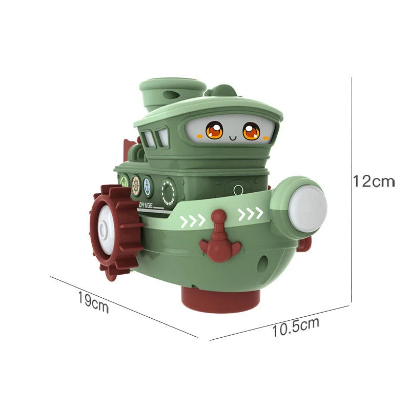 Electric water rotating spray ship toy in blue, green, or pink for baby bath time fun