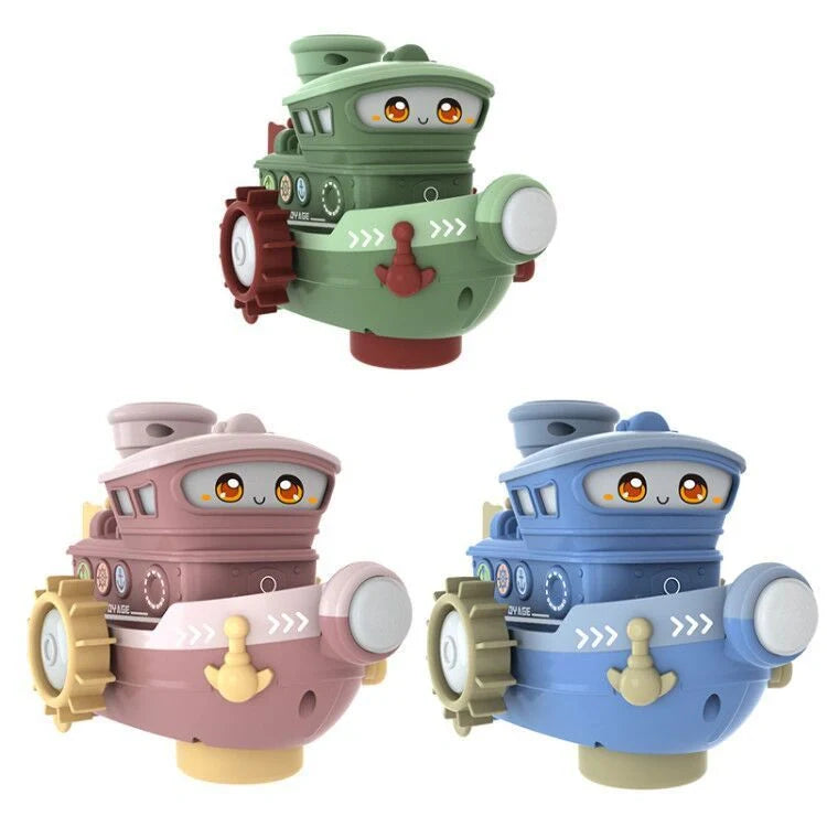 Electric water rotating spray ship toy in blue, green, or pink for baby bath time fun