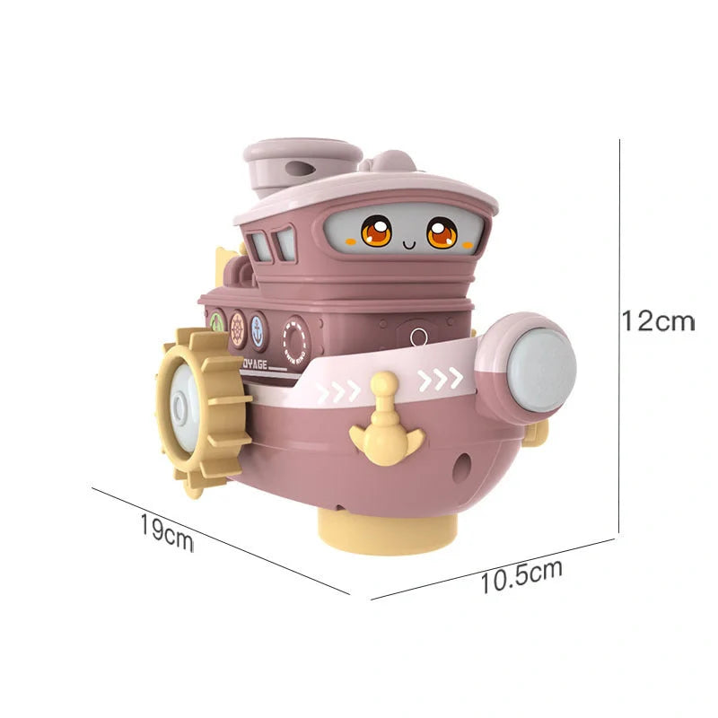 Electric water rotating spray ship toy in blue, green, or pink for baby bath time fun