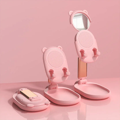 Adjustable phone and tablet stand with integrated mirror, made from high-quality materials for secure and versatile device support