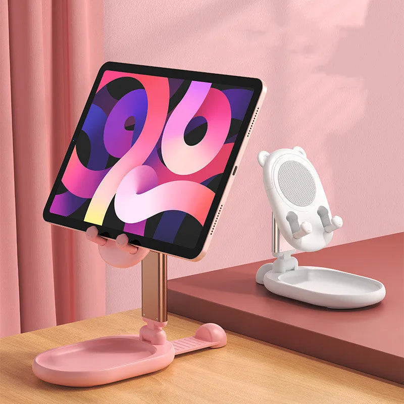 Blue adjustable desk phone holder with mirror for Apple iPhones and tablets on a wooden desk
