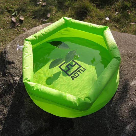 Camping Concave-Convex Outdoor Folding Washbasin Bucket in blue and green, compact and lightweight for easy transport