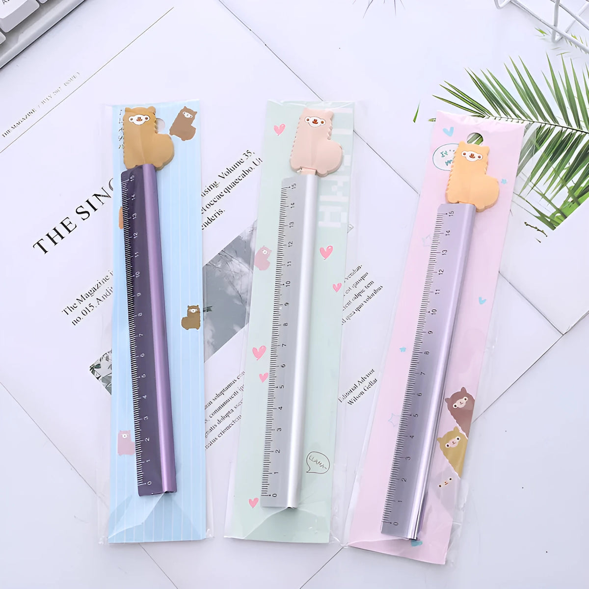 Colourful Alpaca design on a 30cm silver aluminium ruler with centimetre and millimetre markings.