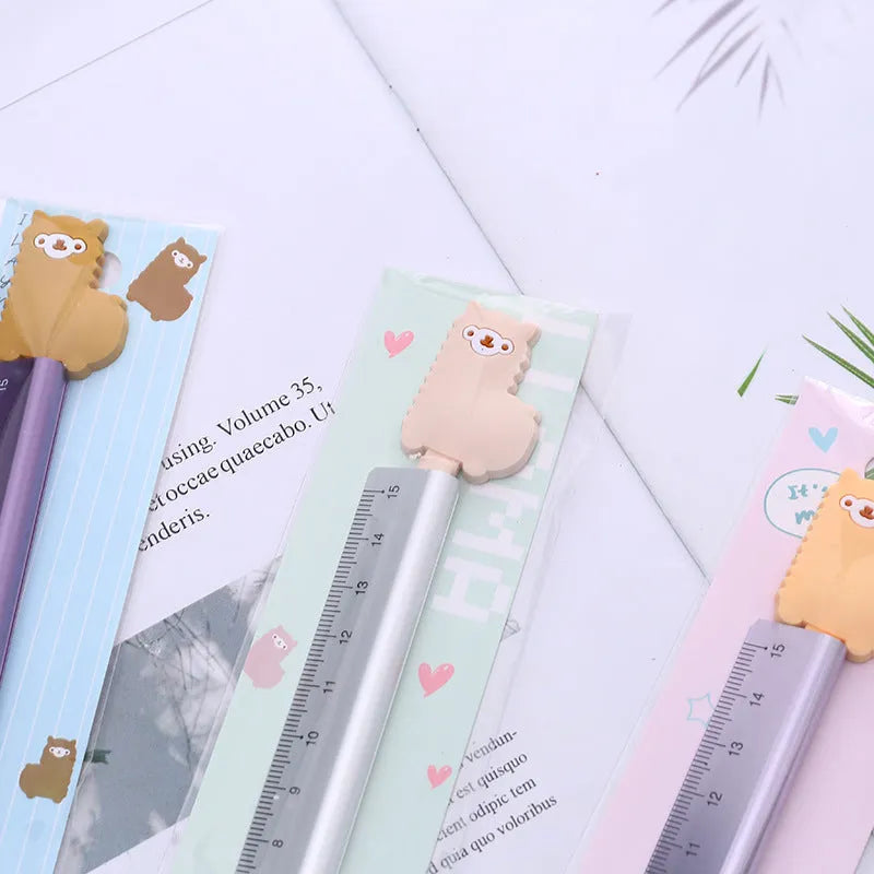 Colourful Alpaca design on a 30cm silver aluminium ruler with centimetre and millimetre markings.