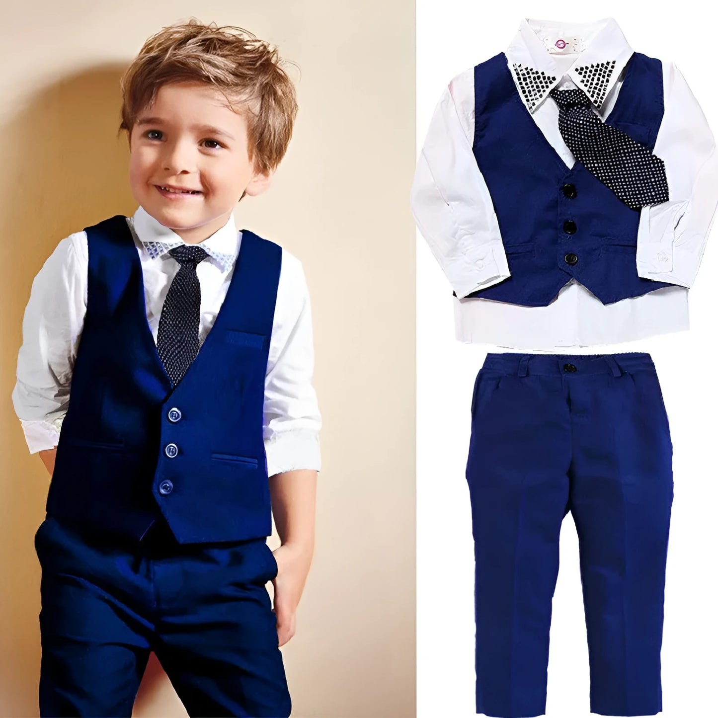 Blue boys' formal clothing set with turtleneck, waistcoat, tie, and trousers for toddlers.