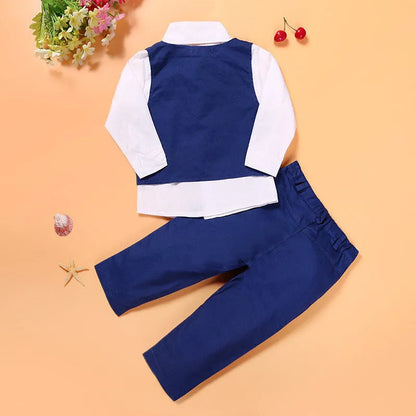 Blue boys' formal clothing set with turtleneck, waistcoat, tie, and trousers for toddlers.