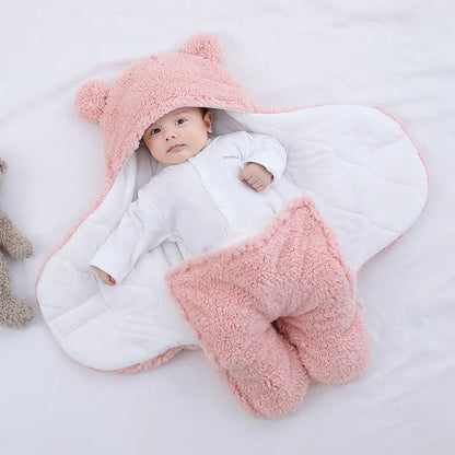 Baby quilted sleeping bag wrapper in cotton blend fabric showing size and colour options