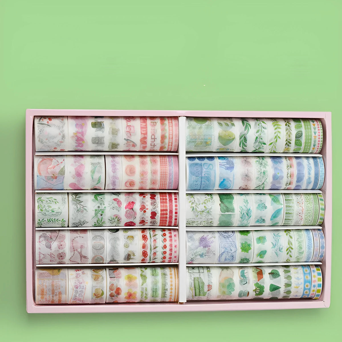 Box of 100 antique character decorative paper tape rolls in assorted colours and widths for accounting and crafts.