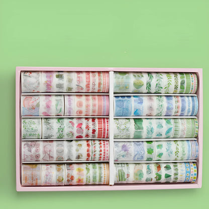 Box of 100 antique character decorative paper tape rolls in assorted colours and widths for accounting and crafts.