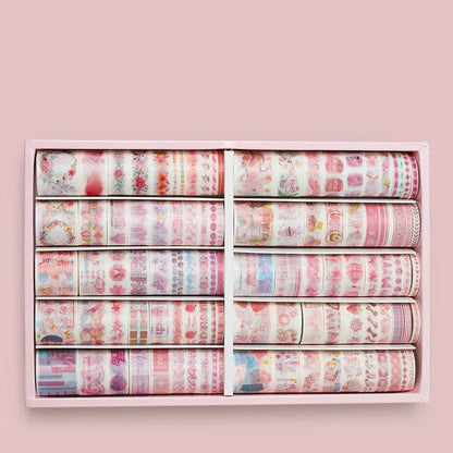 Box of 100 antique character decorative paper tape rolls in assorted colours and widths for accounting and crafts.
