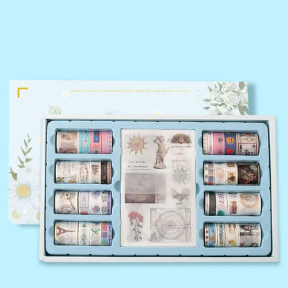 Box of 100 antique character decorative paper tape rolls in assorted colours and widths for accounting and crafts.