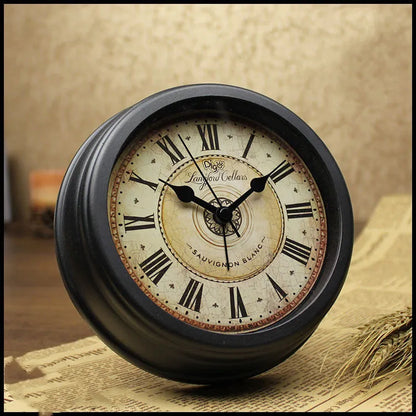European style retro desk clock with 6-inch round dial and silent sweep movement on wooden surface