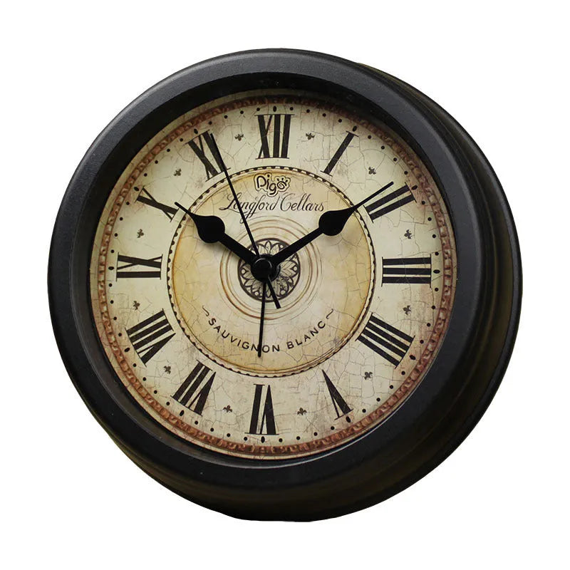 European style retro desk clock with 6-inch round dial and silent sweep movement on wooden surface