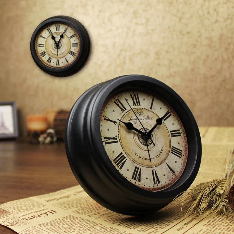European style retro desk clock with 6-inch round dial and silent sweep movement on wooden surface