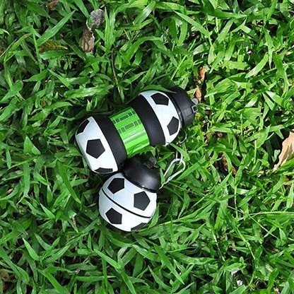 Collapsible football-shaped silicone water bottle with straw, featuring a foldable and leak-proof design for sports and travel