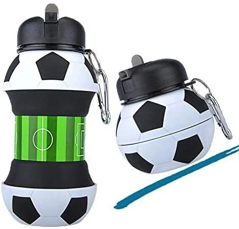 Collapsible football-shaped silicone water bottle with straw, featuring a foldable and leak-proof design for sports and travel