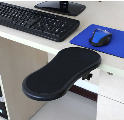 Black plastic computer wrist pad with rotatable hand bracket showing 180-degree adjustment