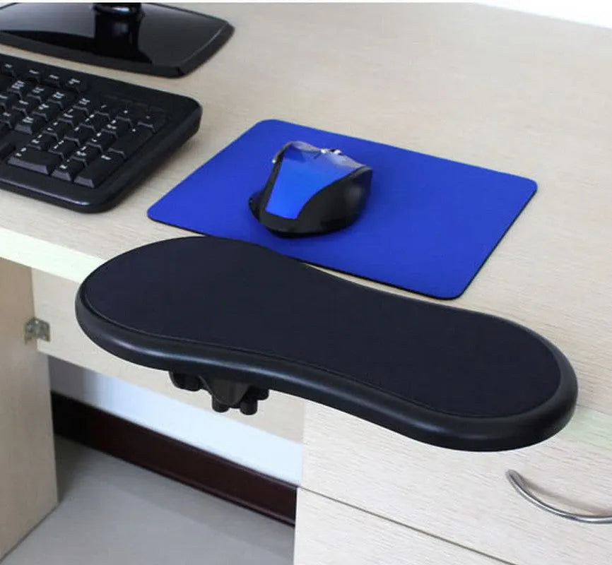 Black plastic computer wrist pad with rotatable hand bracket showing 180-degree adjustment