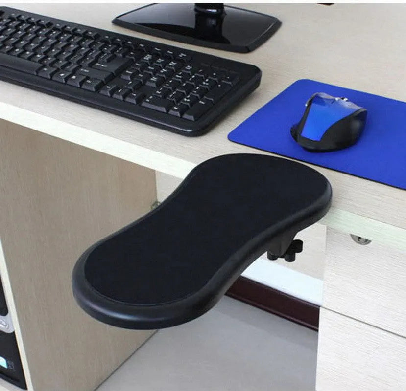 Black plastic computer wrist pad with rotatable hand bracket showing 180-degree adjustment