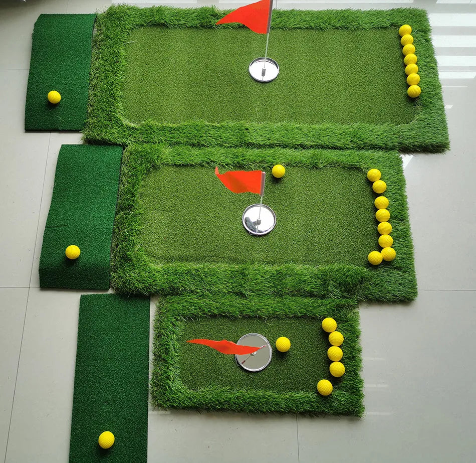 Green golf training mat on floor showing artificial grass surface and thick EVA foam base edge.