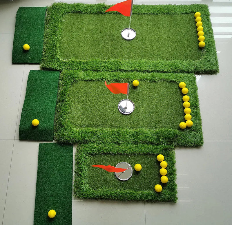 Golf training mat for home practice, sports practice percussion mat made from PP artificial grass with high elastic EVA base, available in custom sizes 30x60cm 60x90cm 90x120cm, suitable for golf and other ball sports in green colour.