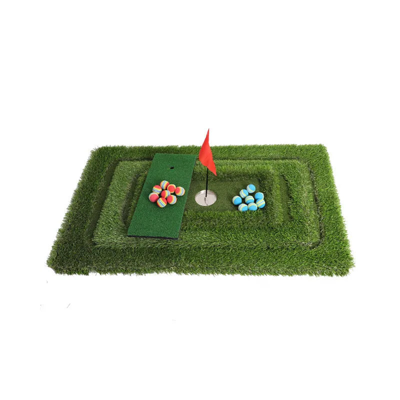 Green golf training mat on floor showing artificial grass surface and thick EVA foam base edge.