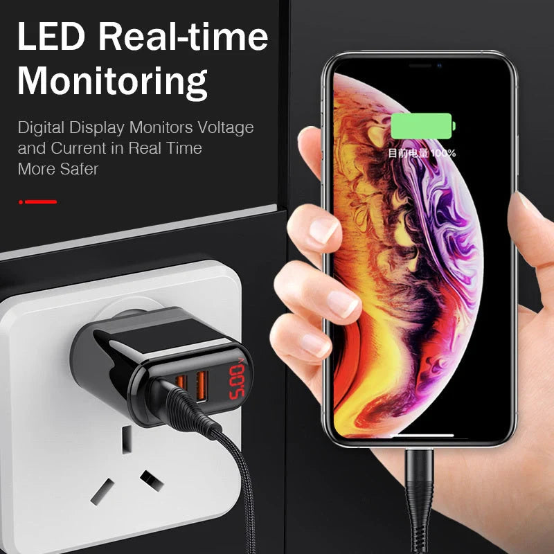 3-port USB charger with LED display for fast charging at 3.4A