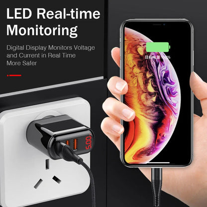 3-port USB charger with LED display for fast charging at 3.4A