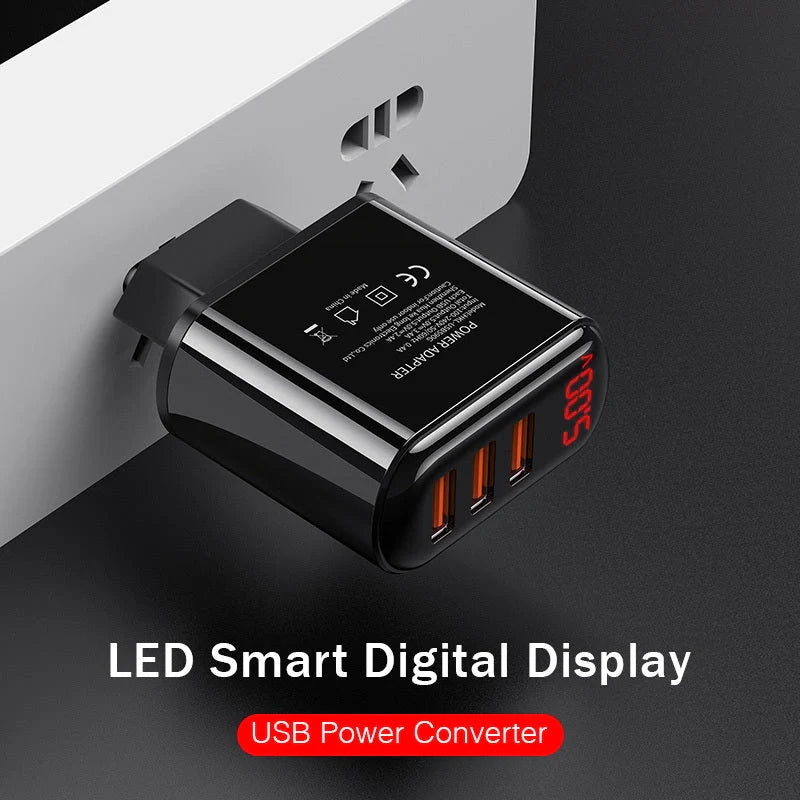 3-port USB charger with LED display for fast charging at 3.4A