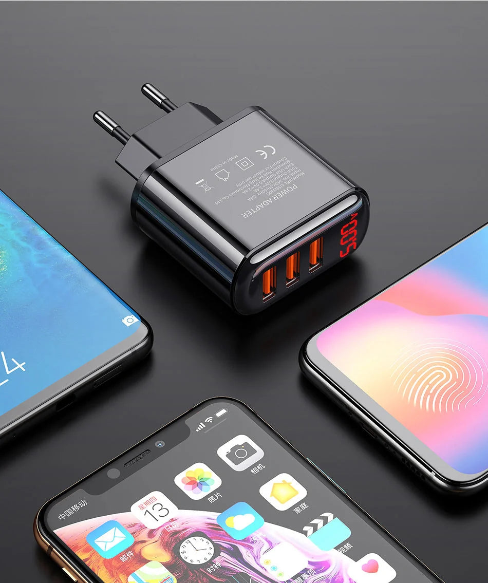 3-port USB charger with LED display for fast charging at 3.4A